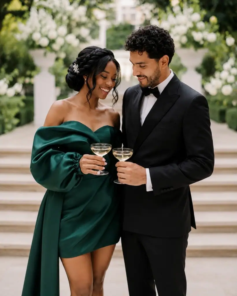 Couple in formal attire toasting with champagne on stone steps